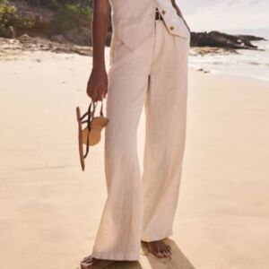 Lands End Pants 100% Linen 20 Off White Beige High waisted Wide Leg Pants New